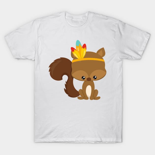 Thanksgiving Squirrel, Brown Squirrel, Feathers T-Shirt by Jelena Dunčević